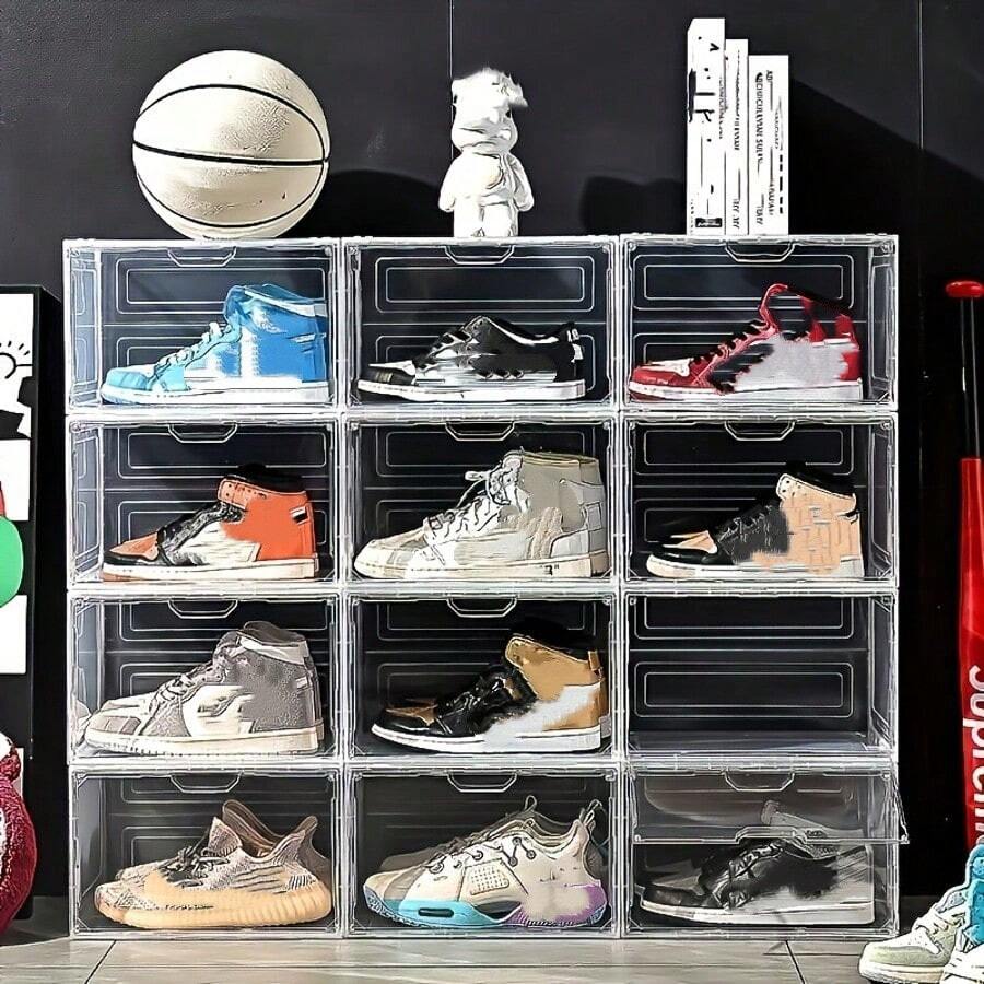 Magnetic Large Transparent Shoe Box, Hard Plastic Material, Stackable, Shoe Box/Shoe Storage Organizer, With Door, Thick Side-Opening Shoe Box, Suitable For Displaying Sports Shoes, Easy To Assemble, Also Can Be Used For Storing Dolls/Models/Garage Models Etc.