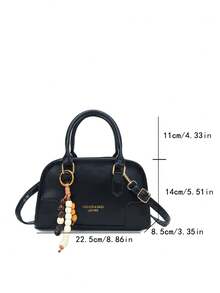 Vintage PU Women's Handbag, Small Crossbody Shoulder Bag With Beaded Keychain, Casual Travel Tote - Black - View 4
