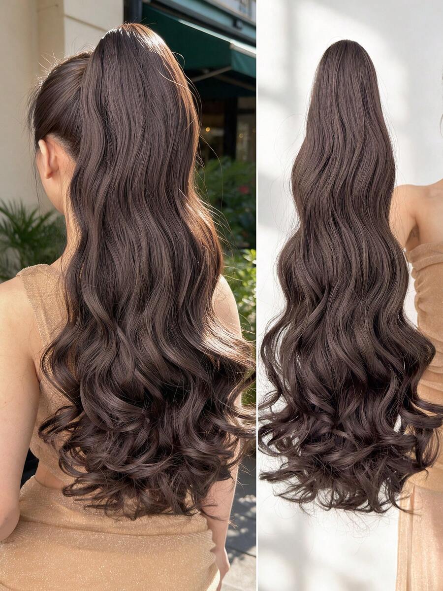 HEYPINK Claw-Shaped Ponytail Hair Extension, 26-28 Inch Brown Long Natural Wavy Curly, Heat-Resistant Fiber Synthetic Ponytail Wig, Suitable For Women's Daily Wear, Halloween