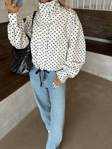 Women's Polka Dot Varsity Jacket With Stand Collar And Drawstring Hem, Long Sleeve Full Zip Fall Casual Outerwear - White - View 5