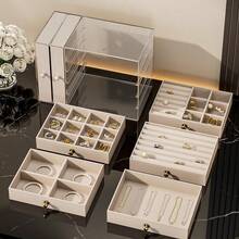 Large Capacity Jewelry Storage Box With 3 Drawers, Transparent Dust-Proof Display Box With Handle, Suitable For Rings, Earrings, Bracelets And Necklaces, Gray - Multicolor - View 7