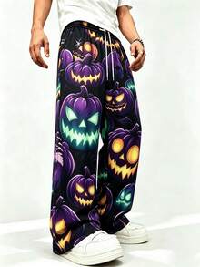 Halloween Pumpkin Lantern Pumpkin Full Print Pattern Elastic Waist Loose Wide Leg Casual Pants, Holiday Long Pants - Multicolor - View 1