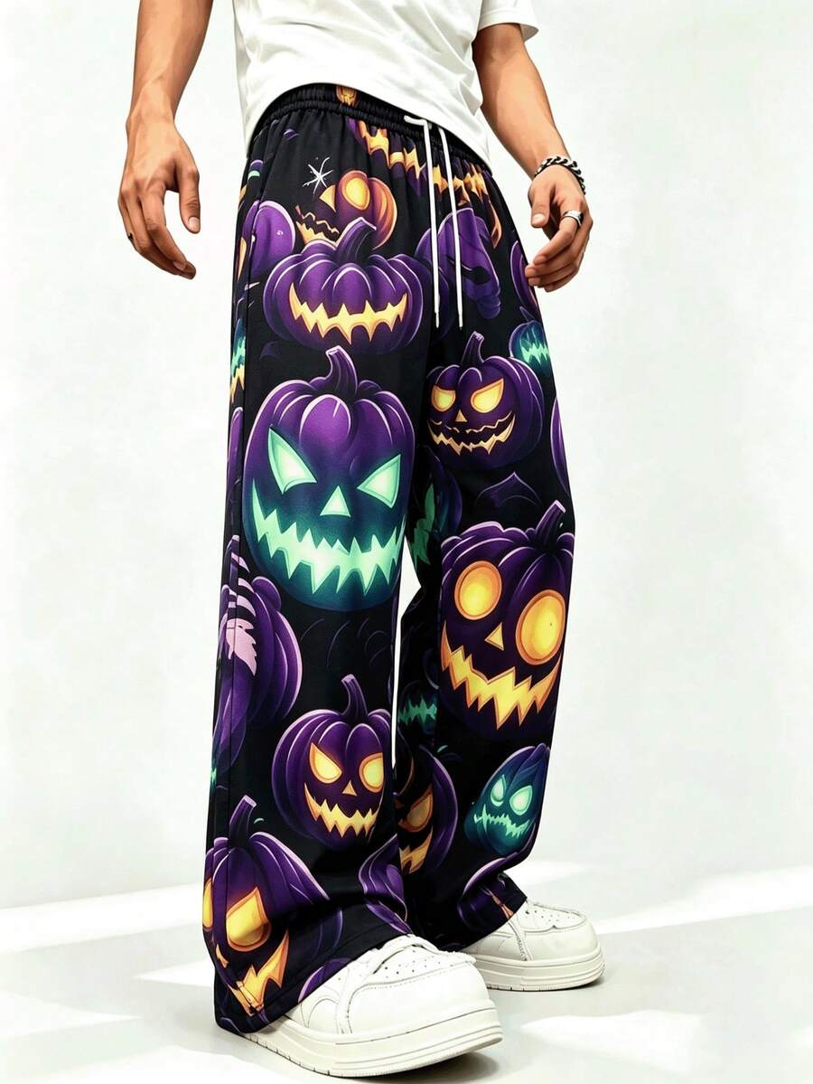 Halloween Pumpkin Lantern Pumpkin Full Print Pattern Elastic Waist Loose Wide Leg Casual Pants, Holiday Long Pants - Multicolor - View 1