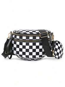 Tas Selempang Kotak-kotak Hitam Putih, Tas Selempang Bulat Kasual dengan Dompet Koin Mini, Tas Bahu dengan Tali Lebar yang Dapat Diatur untuk Perjalanan Sehari-hari - Hitam dan Putih - View 1