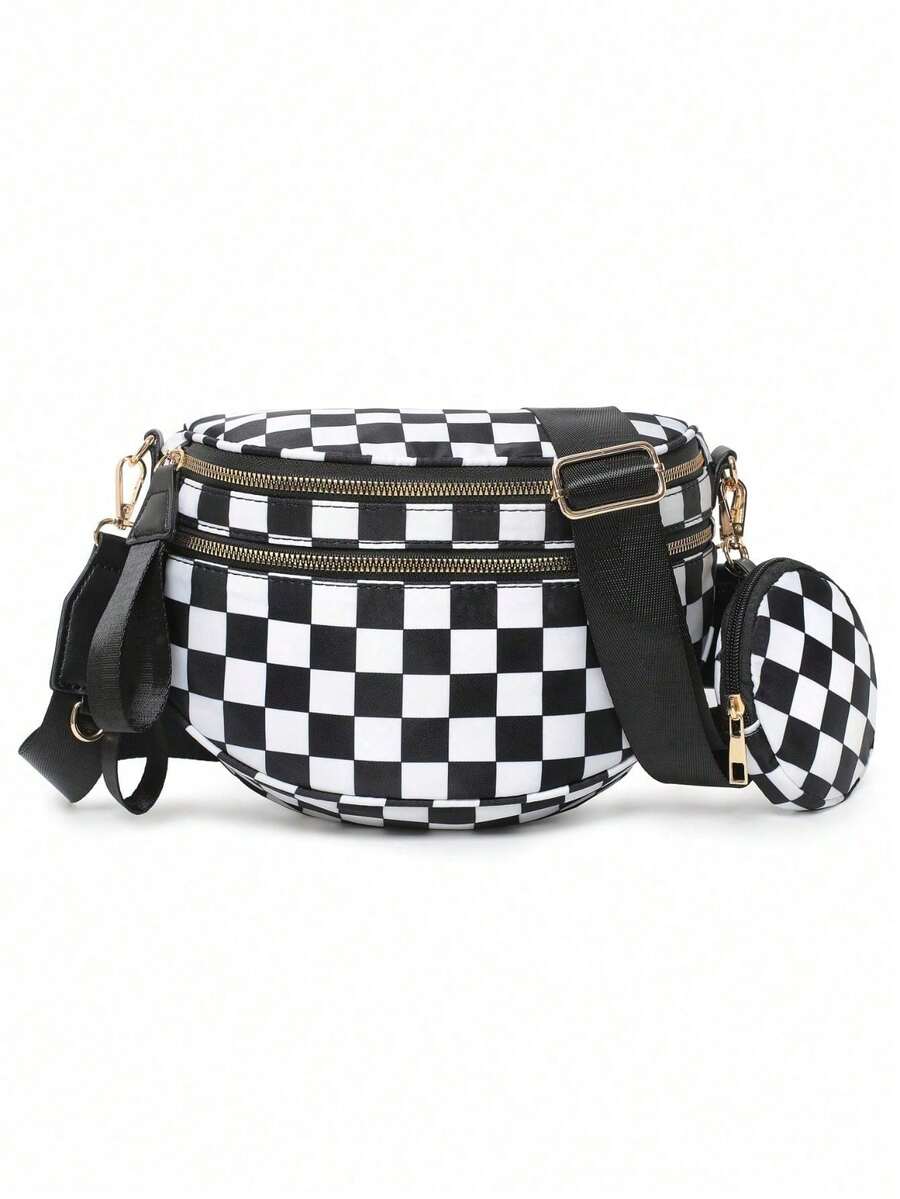 Tas Selempang Kotak-kotak Hitam Putih, Tas Selempang Bulat Kasual dengan Dompet Koin Mini, Tas Bahu dengan Tali Lebar yang Dapat Diatur untuk Perjalanan Sehari-hari - Hitam dan Putih - View 1