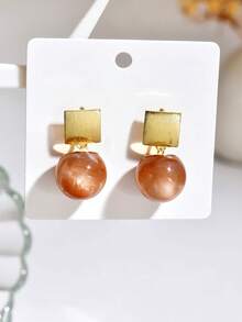 1 Pasang Anting Stud Logam Persegi dengan Liontin Mutiara untuk Wanita, Perhiasan untuk Pemakaian Sehari-hari - Coklat - View 1