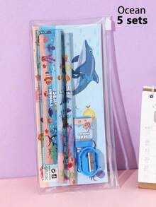 5pcs Cute Cartoon Stationery Set, Children School Supplies Kit, Includes Pencil, Eraser, Ruler, Pencil Sharpener, Pencil Case, Back To School Gift For Boys And Girls - Multicolor - View 9