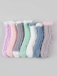 1/3/6/10 Pairs Random Women's Coral Thermal Lined Thickened Contrast Color Cuff Comfortable Warm Sleep Mid-Calf Socks - Multicolor - View 5