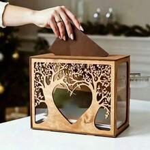 Warm Wedding Card Box With Acrylic Window, Wooden Gift Card Box, Suitable For Wedding Decoration Reception, Rustic Brown Wooden Money Collection Box, Suitable For Wedding Decoration, Baby Shower, Birthday, Graduation Party - one-size - View 3
