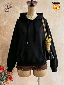 Women's Drop-Shoulder Hoodie: Loose-Fit, Streetwear/Preppy Style, Long-Sleeve, Perfect For Cold Weather, Cotton-Blend, Comfortable - Black - View 6