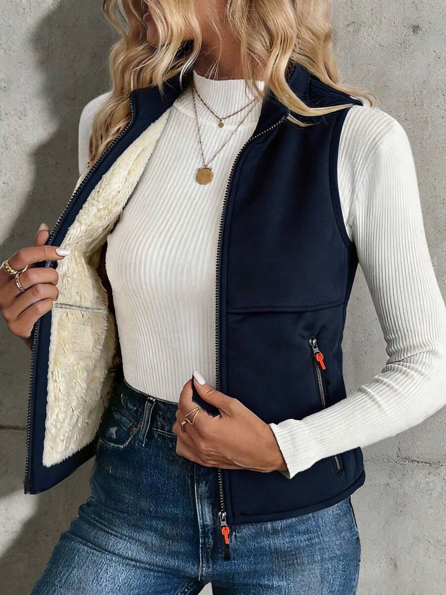 Women's Autumn/Winter Sports Vest With Stand Collar, Zipper And Pockets, Suitable For Daily Wear And Outdoor Sports - Blue - View 1