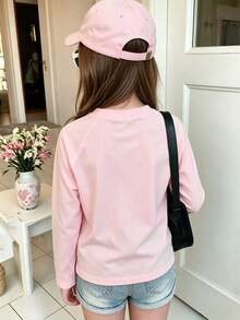 Kids Cute Casual Long Sleeve T-Shirt, Round Neck Loose Fit With Cartoon Cat & Orange Flower Print, Pink Base For Spring Autumn Daily Wear - Baby Pink - View 2