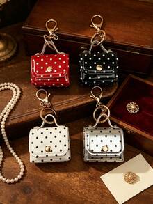 1pc French Vintage Polka Dot Pendant, Glossy Leather Mini Handbag Shaped Charm, Gold Buckle Girly Keychain, Gift Keychain - Vintage Polka Dot Mini Bag - View 3