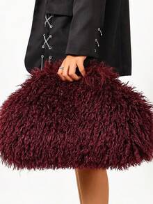 Tas Clutch Awan Wanita Warna Polos Bulu Imitasi Keriting Panjang Penutup Magnet Portabel Gaya Avant-Garde Y2K Cocok Untuk Pesta Kencan Musim Gugur Musim Dingin - Burgundy - View 4