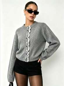 New Autumn/Winter Gray Round Neck Ruffle Trim Knit Cardigan For Women, Contrast Button Long Sleeve Soft Comfortable Sweater Jacket - Grey - View 1