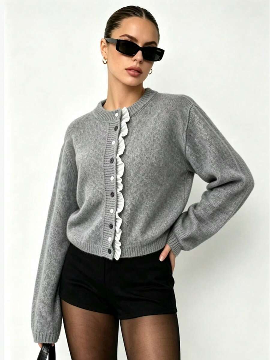 New Autumn/Winter Gray Round Neck Ruffle Trim Knit Cardigan For Women, Contrast Button Long Sleeve Soft Comfortable Sweater Jacket - Grey - View 1