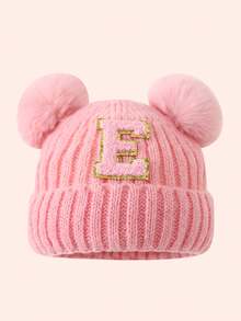 1pc Pink Kids Hat 26 Letters Baby Knitted Cap Boys Girls Warm Beanie Suitable For Outdoor Travel Daily Wear - Pink Gold Logo On Crown - Pink Double Ball Cap - View 24