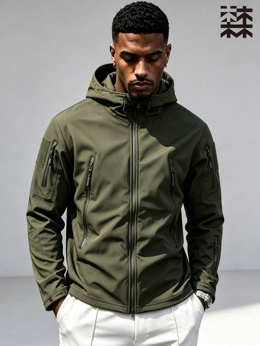 mulinsen Men's Outdoor Tactical Hooded Jacket, Multiple Zipper Pockets, Hook And Loop Decor, Windproof & Wear-Resistant Workwear Jacket - Army Green - View 1
