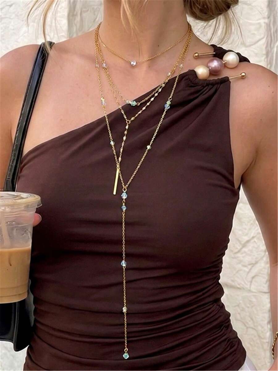 Fashion Gold Multi-Layer Stackable Necklace, Minimalist Thin Chain Long Rhinestone Tassel Y-Shaped Necklace, Women's Autumn/Winter Charming Necklace Jewelry - Multicolor - View 1