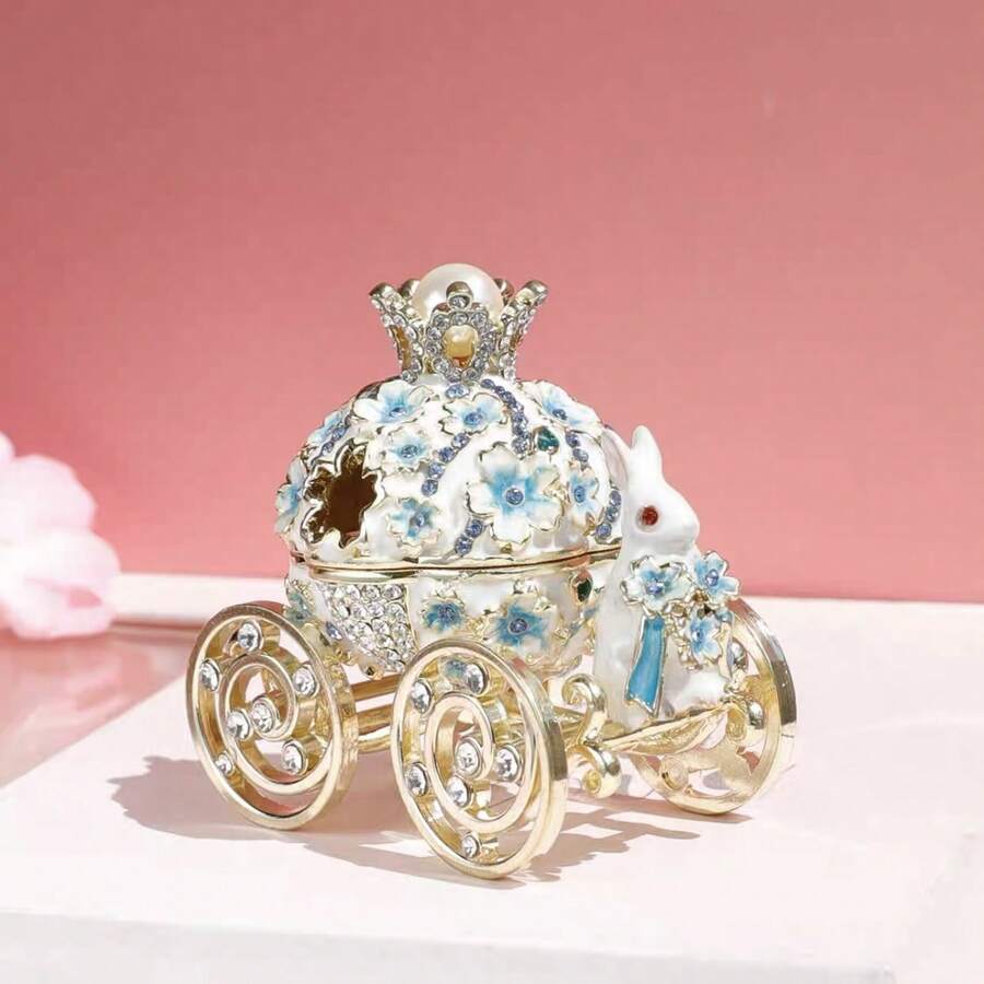 Rabbit Floral Small Accessory Storage Box, Pumpkin Carriage Rhinestone Enamel Jewelry Box, Mini Ring & Earring Storage Box, Romantic Desktop Decor, Gift For Girls Or Women, Christmas - Baby Blue - View 1