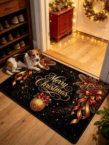1pc Black & Gold Merry Christmas Welcome Doormat, Small Rug, Welcome Mat, Carpet, Floor Mat, Outdoor Doormat, Kitchen Rug, Home Decor, Front Door Mat, Area Rug, Outdoor Mat, Home Decor, Area Carpet, Garden Rug, Washable Carpet - Multicolor - View 2