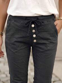 Women's Pants With Elastic Pockets, Suitable For Autumn. Available In Multiple Colors And With Elastic Pockets. Mom Pants Are Perfect For Autumn - Black Button - View 2