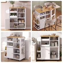 Kitchen Island On Wheels W/Drop Leaf,Kitchen Trolley W/ Towel&Spice Rack,Dual-Sided Sliding Tray,StorageCabinet,Open Shelves,Hooks,Serving Cart Storage Trolley For Kitchen,Dining,Living Room - White - View 8