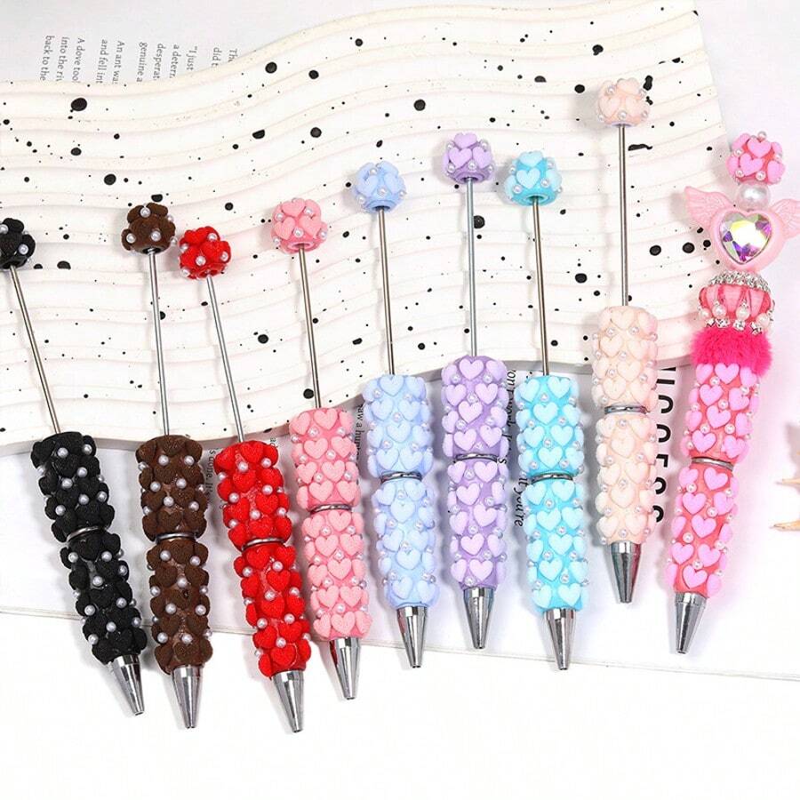 Luxury Plush Heart Handmade DIY Beaded Pen Material Kit, Holiday Gift For Teachers And Students, Party Supplies, Multi-Color Random Assortment - 5 Pieces, Random Colors - View 1