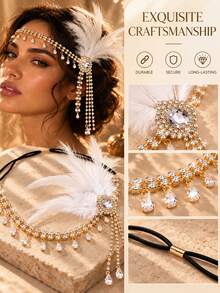 outingfit 1pc Silver Rhinestone Black Feather Headband, Women's Wedding Fashion Evening Party Head Accessory Jewelry, Hair Accessory, Women's Accessory - Gold - View 6
