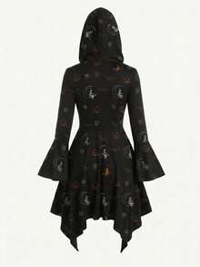 Women's Halloween Witch Pumpkin Print Hooded Mini Dress, Bell Sleeve Single-Breasted Asymmetrical Hem Gothic Party Outfit - Black - View 4