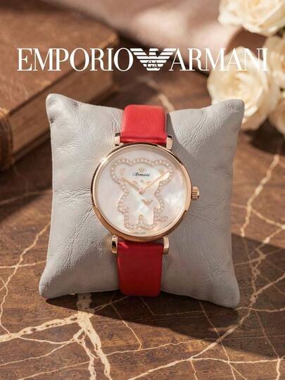 Armani Gianni-T-B Edisi Terbatas Teddy Bear, Dial Berongga Mutiara dengan Rhinestones, Tali Kulit Asli Merah, Gaya Mewah yang Manis, Jam Tangan Quartz Wanita untuk Hadiah Liburan
