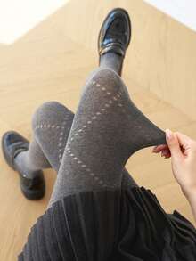 1 pieza Leggings cálidos sobre la rodilla para mujer, pantalones cómodos y ajustados de color gris versátiles y casuales, pantalones de media gruesa con diseño de cuadros argyle japonés JK, adecuados para otoño/invierno - Multicolor - Ver 6