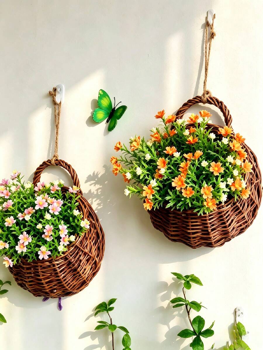 Rustic Wicker Wall-Mounted Flower Basket; Wall Decor For Houseplants; Wall-Mounted Flower Basket; Wall Decor; Floral Wall Hanging - Large 29cm*36cm*12cm - View 1