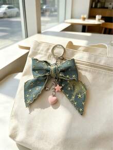 Vintage Star Denim Bow Keychain, Handmade Creative Small Accessory, Girls Best Friend Gift, Bag Charm Decoration - Blue - View 2
