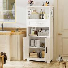 Despensa de Cocina Blanca 30x59.9x140 cm |   Gabinete de Almacenamiento de 55 Pulgadas con Puertas Cajón y Estantes Abiertos |   Diseño Rústico con Puertas Granero en X para Cocina y Comedor |   Fácil de Armar - Blanco - Ver 3