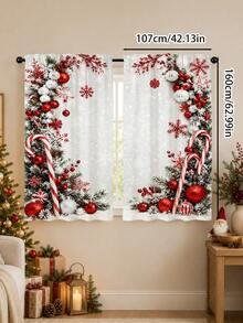 2Pcs White Background Snowy Christmas Red Candy Cane & Colorful Ball Pine Branch Print Pattern, Semi-Sheer Rod Pocket Holiday Window Curtains, Suitable For Living Room And Bedroom, Rod Not Included, Machine Washable - E - View 12