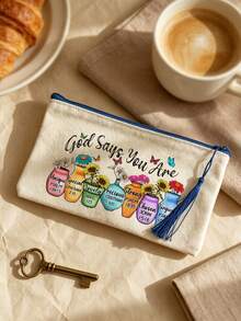 Canvas Zipper Makeup Bag, Printed With God's Blessing Message Pattern, Vase Flower Butterfly Pattern, Paired With Tassels, Can Be Used As Toiletry Bag,Travel Storage Bag,Stationery Bag,Reusable Cosmetic Organizer, Print Toiletry , A Gift From God - Multicolor - View 9