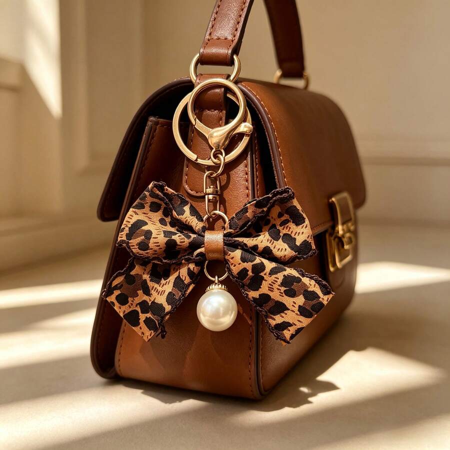 1pc Leopard Print Bow Keychain, Car Pendant, Hair Accessory, Casual Bohemian Party Cute Street Elegant Zinc Alloy, Suitable For All Seasons - Coffee Color - View 1