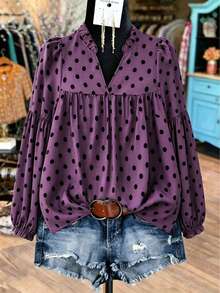 Woman's Purple Minimalist Polka-Dot Shirt Sweater, Featuring Ruffled Details And Lantern Sleeves, Is Suitable For Daily Casual Outings In Autumn. - Purple - View 3