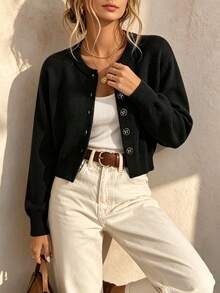 Women's Solid Color Round Neck Butterfly Buckle Ribbed Long Sleeve Autumn/Winter Minimalist Short Casual Versatile Knit Cardigan Retro Street Style - Black - View 4
