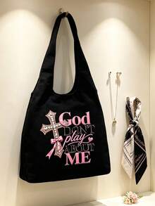 Women's Slogan Cross Pattern Large Capacity Tote Bag - Multicolor - View 7