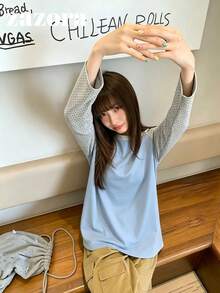 Contrast Color Print Raglan Sleeve T-Shirt, Autumn Korean Style Design Loose Fit Base Layer Top - Blue - View 4