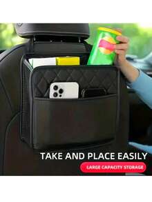 Multifunctional PU Leather Car Seat Storage Set [PU Leather Storage Bag + Trash Bag], Fashionable Hanging Backrest Storage Box, Suitable For Car Interior Organization And Protection, Foldable Trash Can, Fits All Car Models Car Accessories - Multicolor - View 4