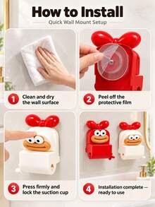 Manual Wall-Mounted Toothpaste Dispenser - With Large Mouth Cartoon Bow Decoration Suction Cup Toothpaste Squeezer, No Electricity Needed, Durable Plastic Red And White Cartoon Design, Bathroom Suction Cup Installation, Home Bathroom Slouchy Person Toothpaste Squeezer No Drilling Wall-Mounted, Fun Shape, Easy To Store - Multicolor - View 6