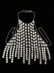ZHENGHEN Y2K Shiny Sequin Fringe Personalized Top, Handmade Silver Disc Halter Body Chain, Exaggerated Electro Music Festival Street Style Outfit - Silver - View 4