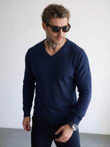 Men's V-Neck Knit Long Sleeve T-Shirt Top, Casual Thin Base Layer Sweater For Autumn/Winter - Navy Blue - View 1