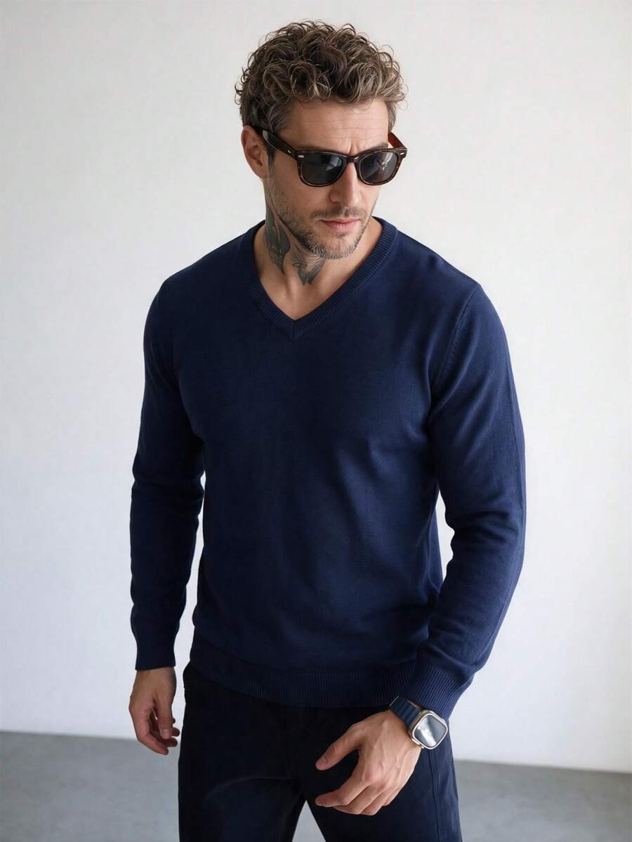 Men's V-Neck Knit Long Sleeve T-Shirt Top, Casual Thin Base Layer Sweater For Autumn/Winter - Navy Blue - View 1