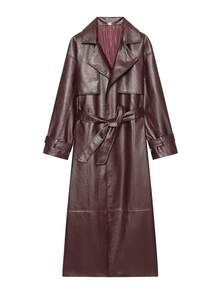 Europäischer Stil Burgunderroter langer Ledermantel mit Bindegürtel, Reverskragen, langen Ärmeln, elegante Pendler-Damen-Oberbekleidung - Bordeaux - Übersicht 4