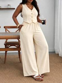 BIUBIU Plus Size Women's Sleeveless V-Neck Button Vest Top And Elastic Waist Wide-Leg Pants Two Pieces Set, Chic For Office Or Casual Events - Apricot - View 1