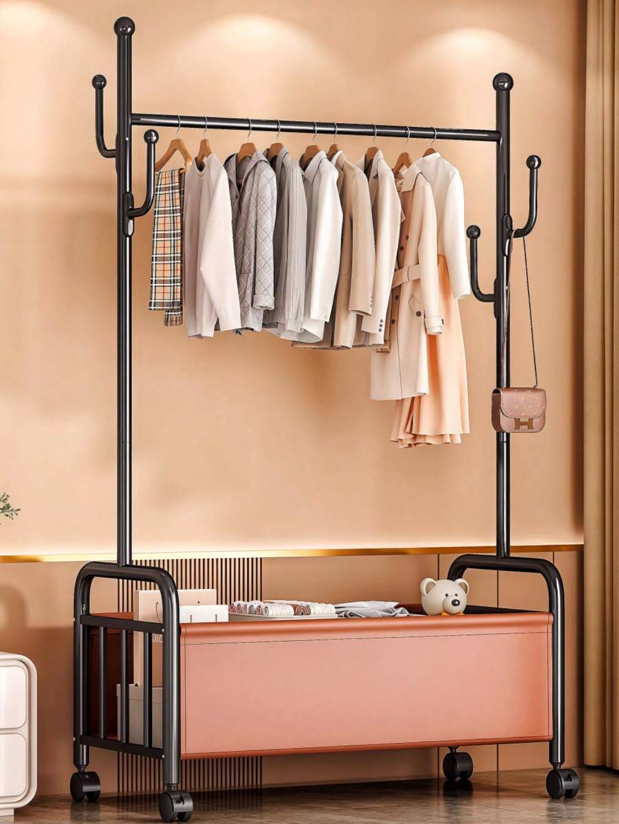 Heavy Duty Movable Metal Clothes Rack With Universal Casters, Garment Stand With Multi Side Hooks & Large Bottom Storage Bin, Comes With Free Wooden Hangers, Multi-Function Clothing Storage Organizer For Household Use.